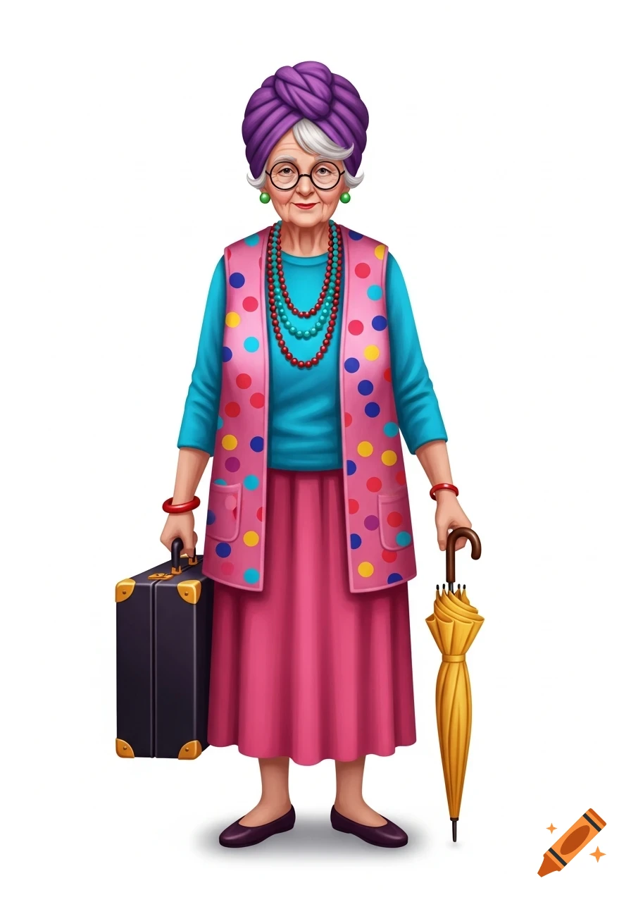 Illustration of a smiling elderly woman wearing a purple turban, a pink polka dot vest, and a pink skirt, holding a black suitcase and a yellow umbrella.