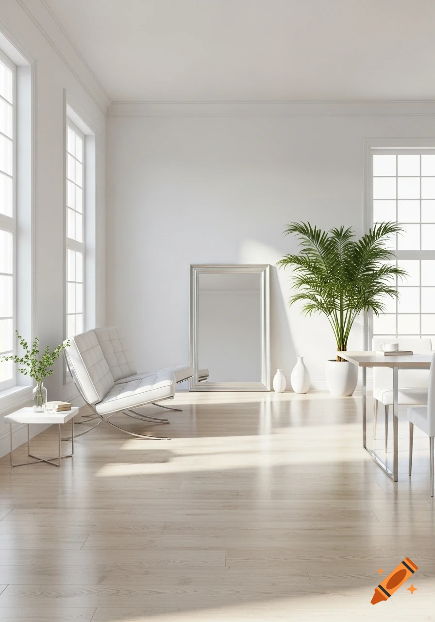 A bright white minimalist living room with a white sofa, large mirror, potted palm, and dining table.