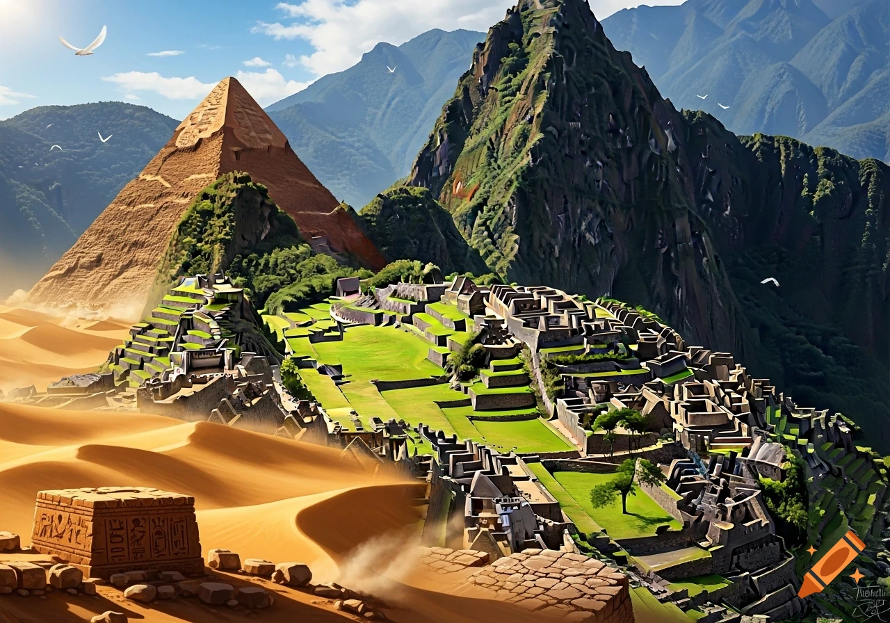 A fantasy landscape blending a large Egyptian pyramid and desert dunes with Inca ruins on green mountain terraces, under a blue sky with birds.