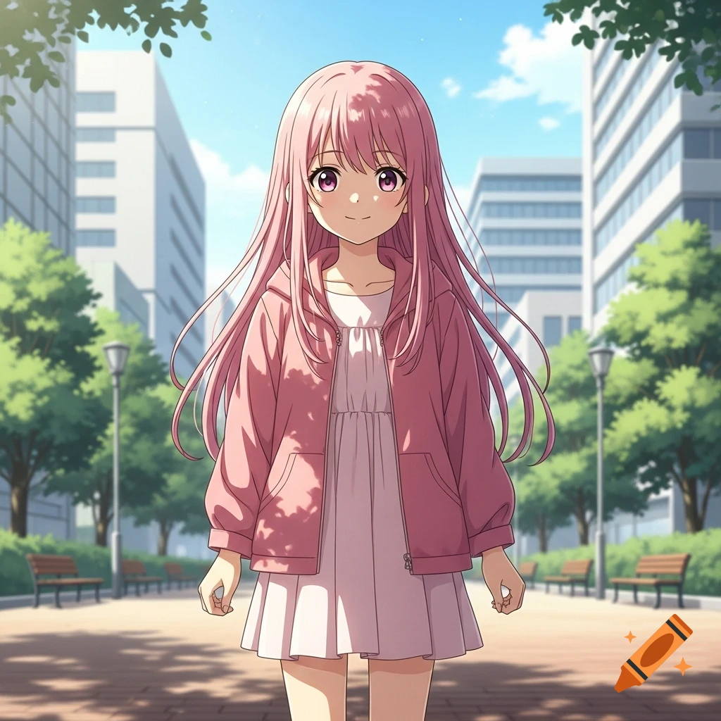 Anime girl with long pink hair and jacket in a sunny urban park with city buildings in the background.