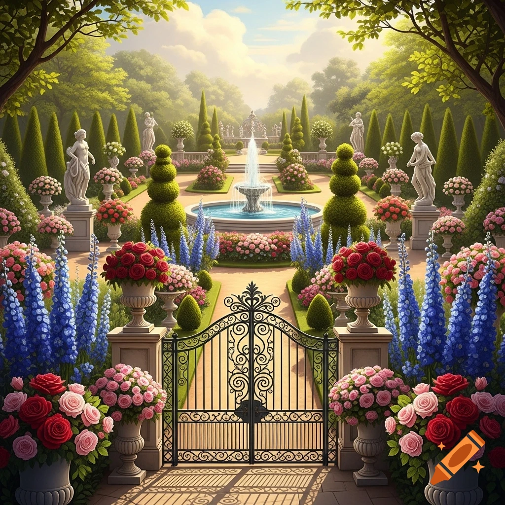 A meticulously manicured garden featuring a central fountain, classical statues, topiary trees, and vibrant flowers, viewed through an ornate black gate.