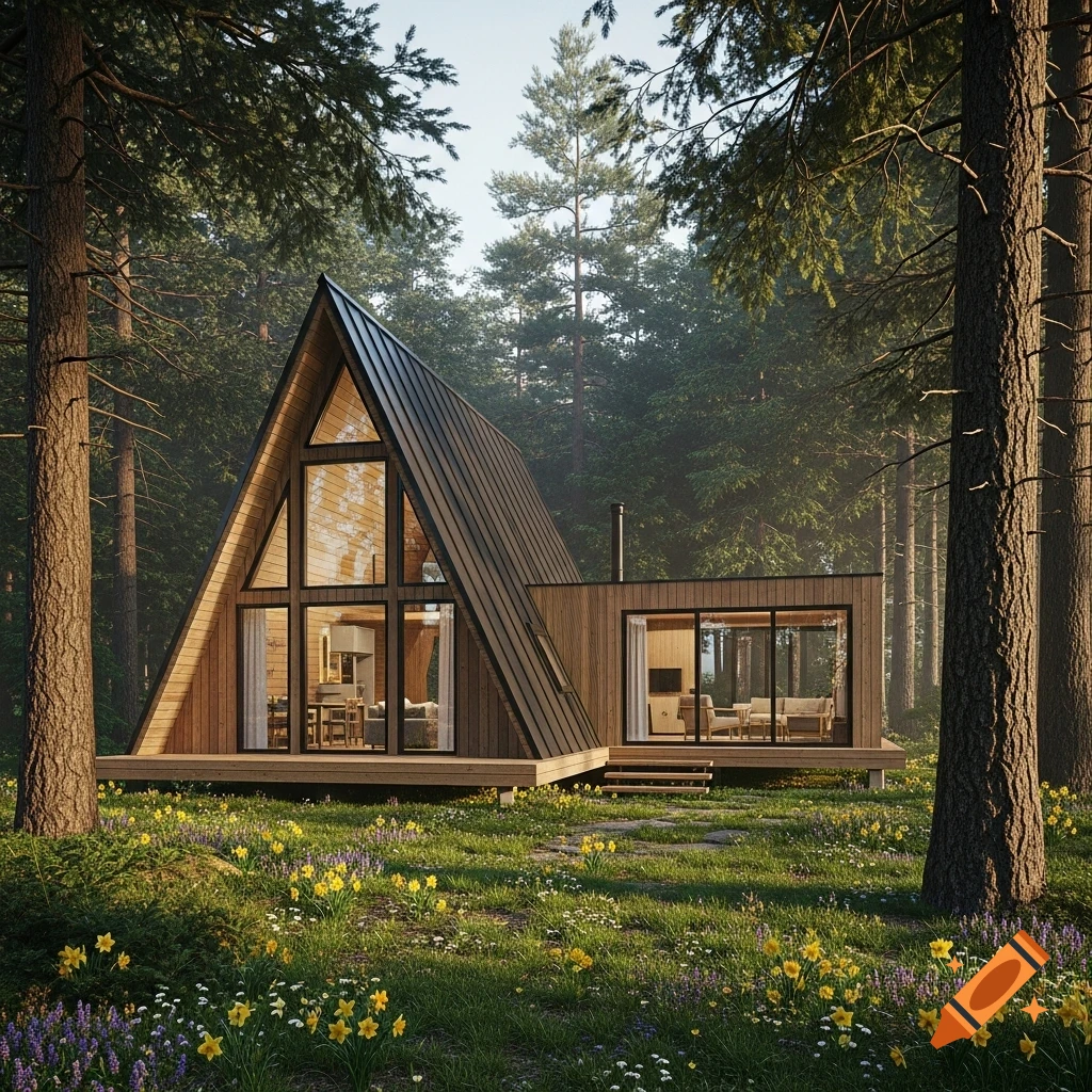 Photorealistic image of a modern A-frame cabin with a wood extension nestled in a lush forest with wildflowers.