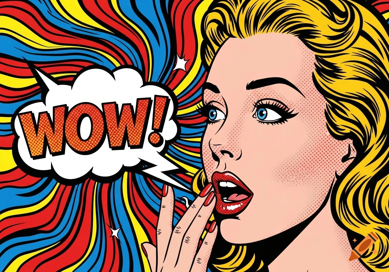 Pop art illustration of a surprised blonde woman with a speech bubble saying 'WOW!' against a vibrant, swirling background.