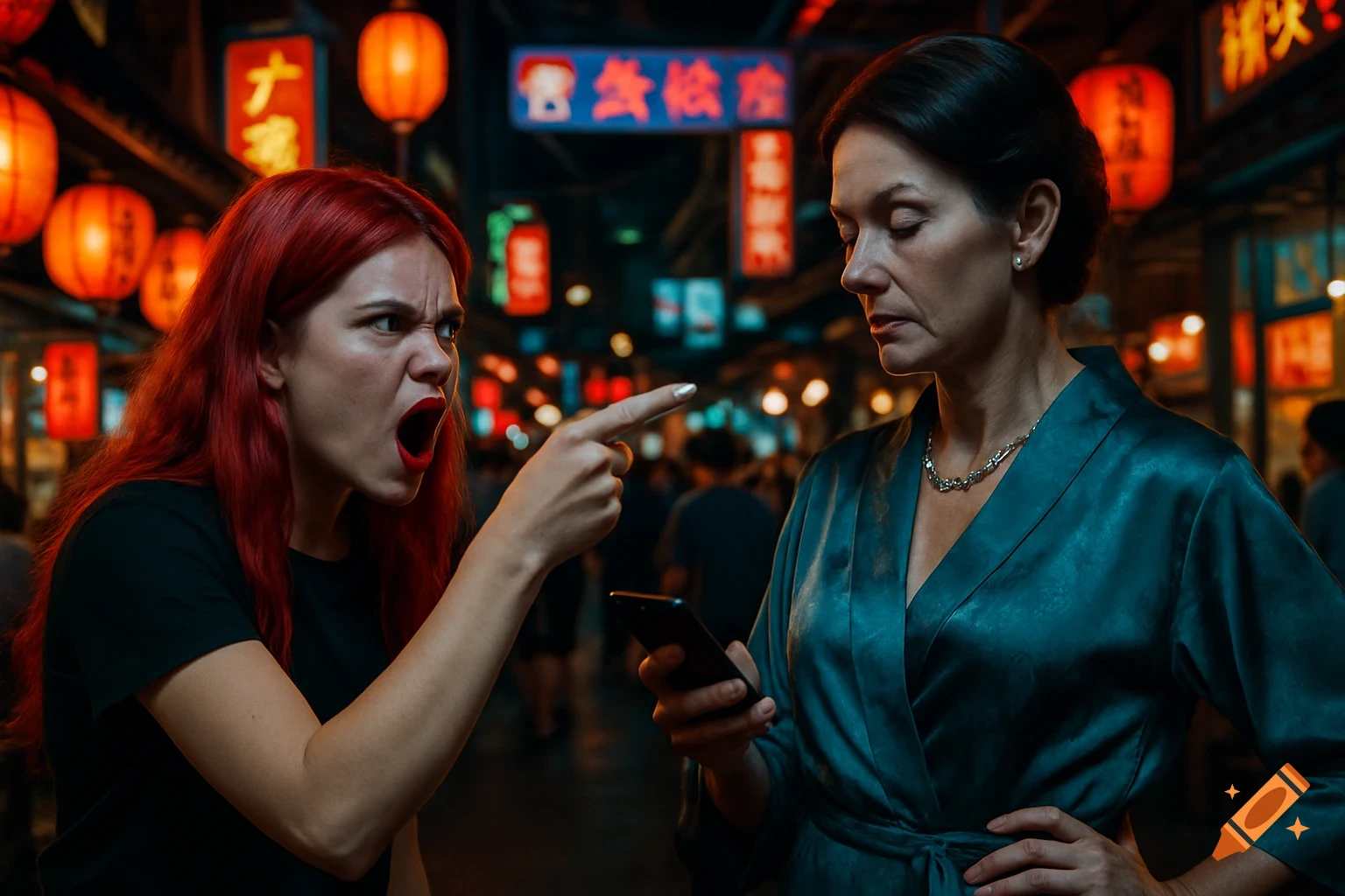 An angry red-haired woman shouts and points at an indifferent woman scrolling on her phone in a vibrant Asian night market.