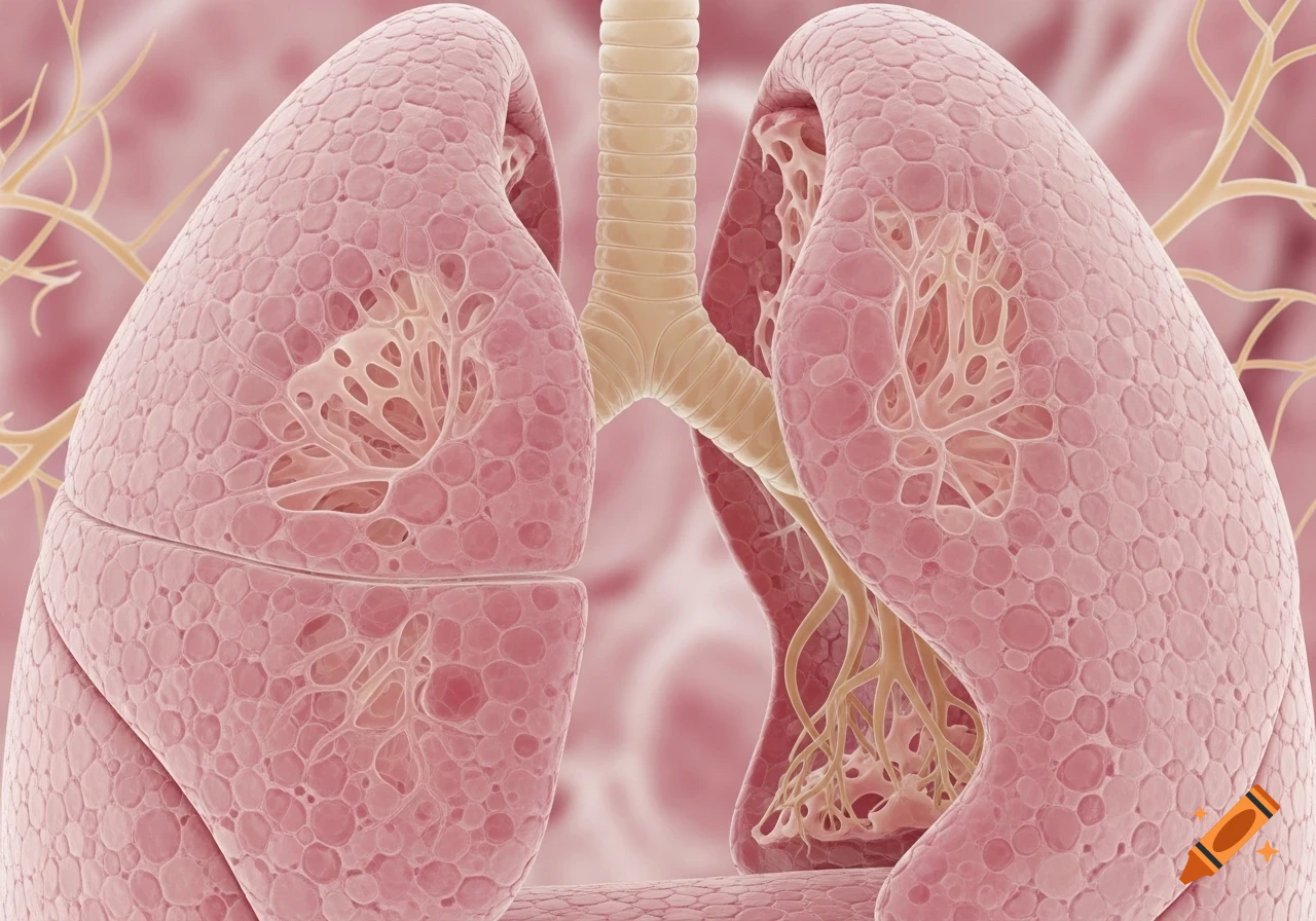 3D render of human lungs showing detailed internal bronchial tubes and alveolar structures.