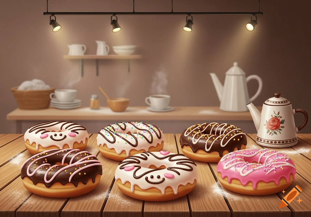 Six colorful, frosted donuts with sprinkles and chocolate drizzle arranged on a rustic wooden table in a bakery scene.
