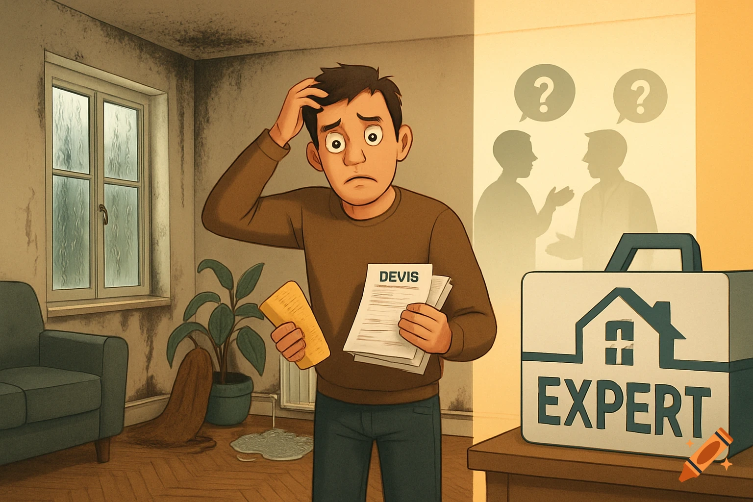 An illustration of a stressed man in a damp apartment with moldy walls, holding an estimate and a sponge, looking at a toolbox labeled 'EXPERT'.