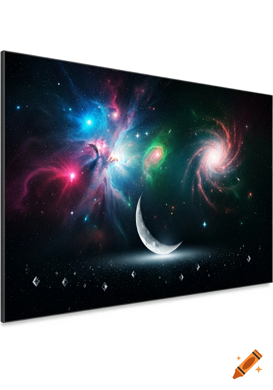 A vibrant cosmic scene featuring colorful nebulae, swirling galaxies, distant stars, and a crescent moon shining above sparkling diamond shapes.