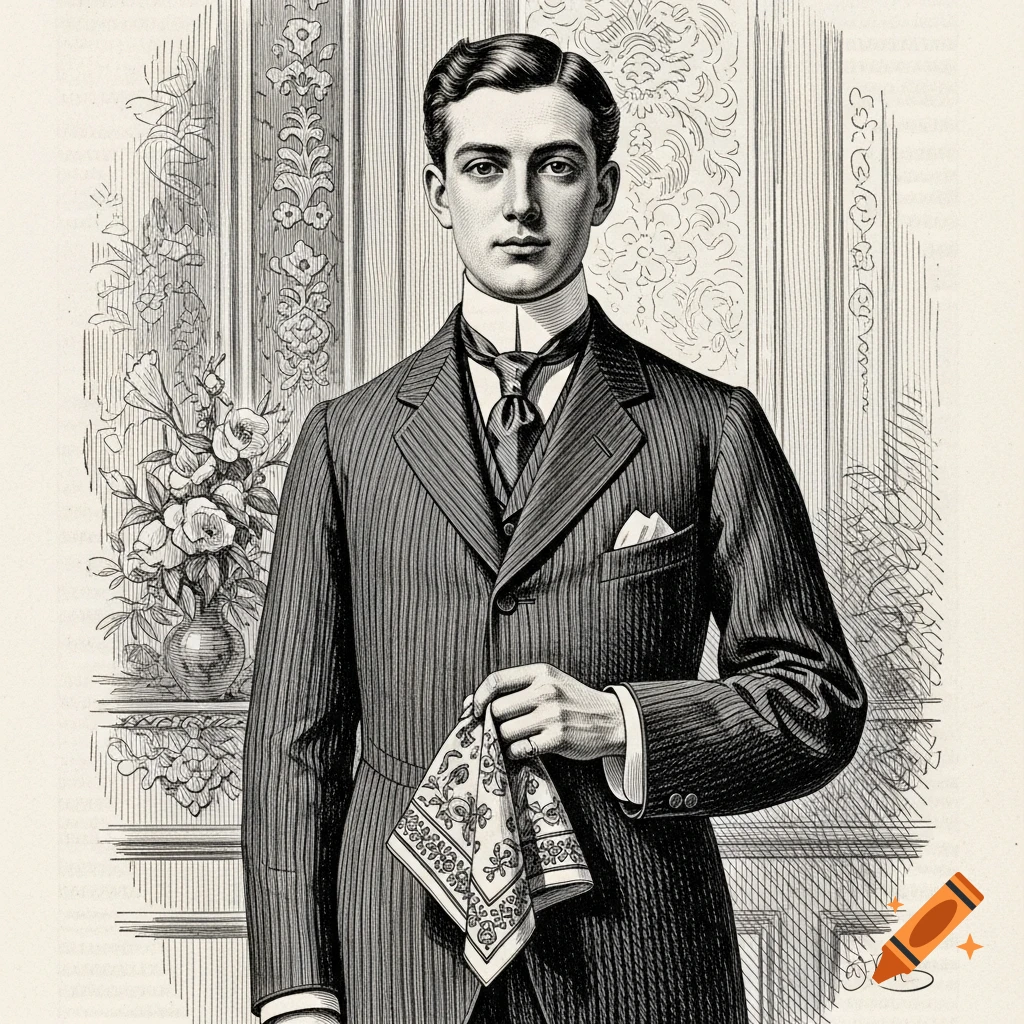 A young Edwardian man in a pinstriped suit holds a patterned handkerchief, in a black and white engraving style.