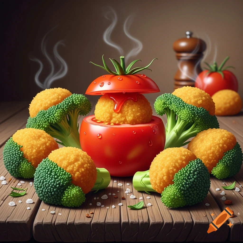 Steaming chicken nuggets combined with broccoli florets and a hollowed tomato, on a rustic wooden table.