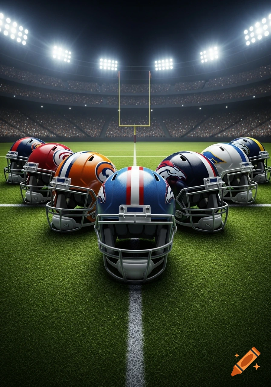 Several American football helmets in various team colors on a green field in a stadium with bright lights and goalposts.