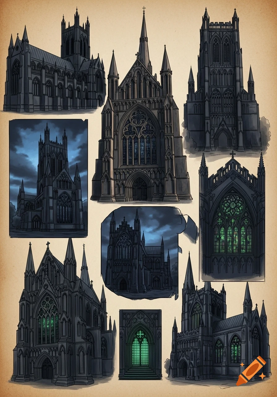 Multiple detailed architectural sketches of dark gothic cathedrals with spires and intricate windows, some glowing green, on a textured background.
