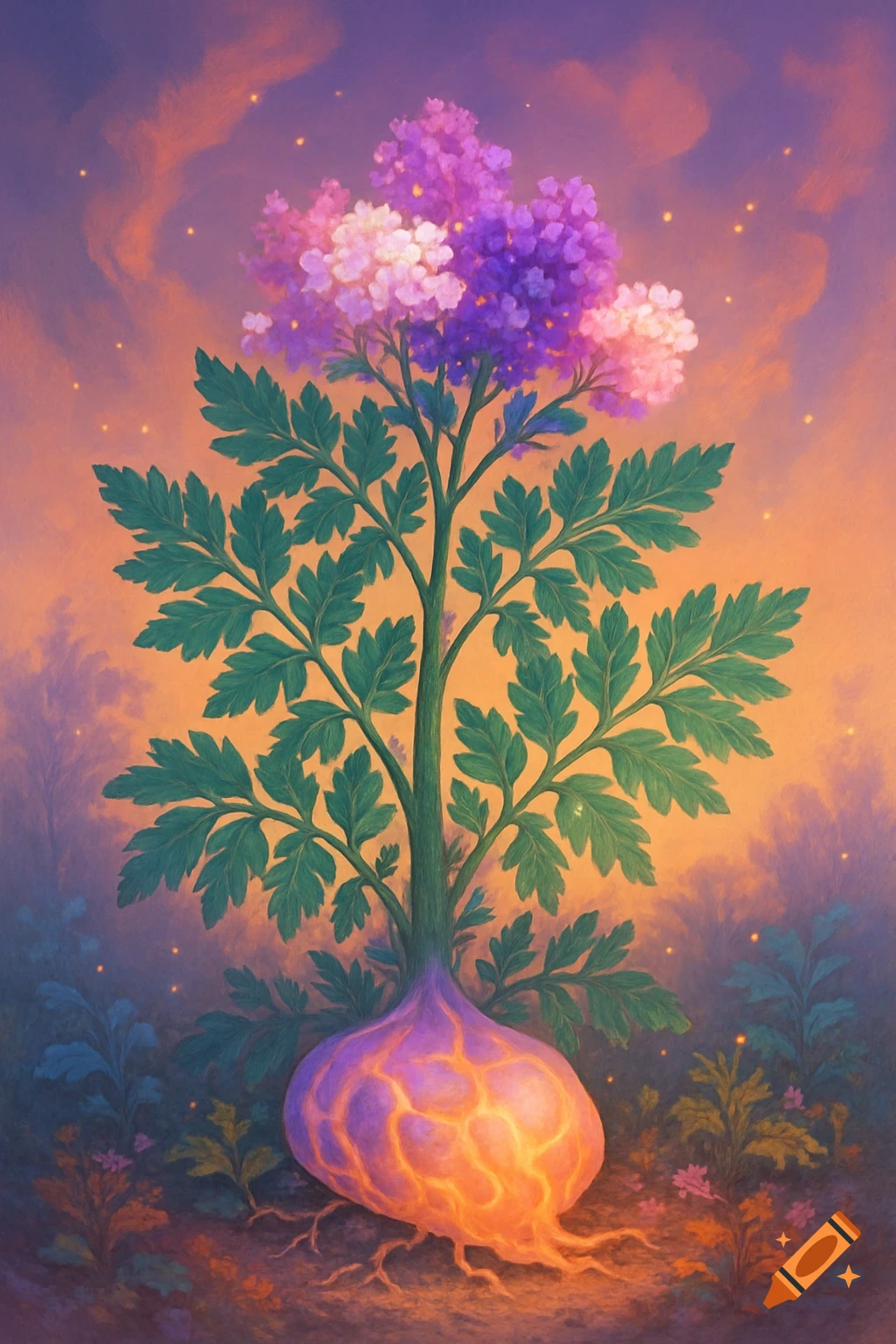 A vibrant, stylized drawing of a fantastical plant with a glowing purple tuber, green leaves, and white, pink, and purple flowers under a sunset sky.