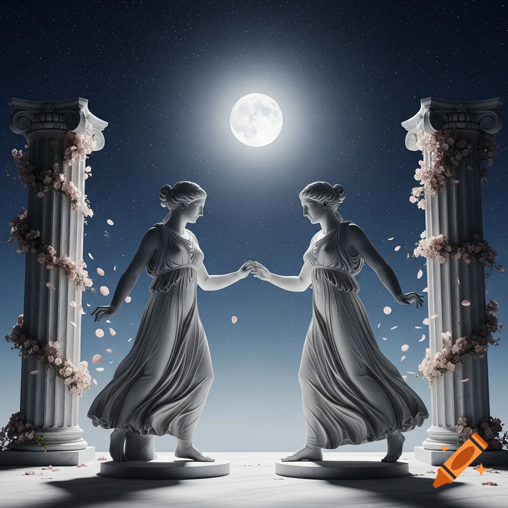 Two white Greek statues of women dance, holding hands between pillars with pink flowers, under a starry night and full moon.