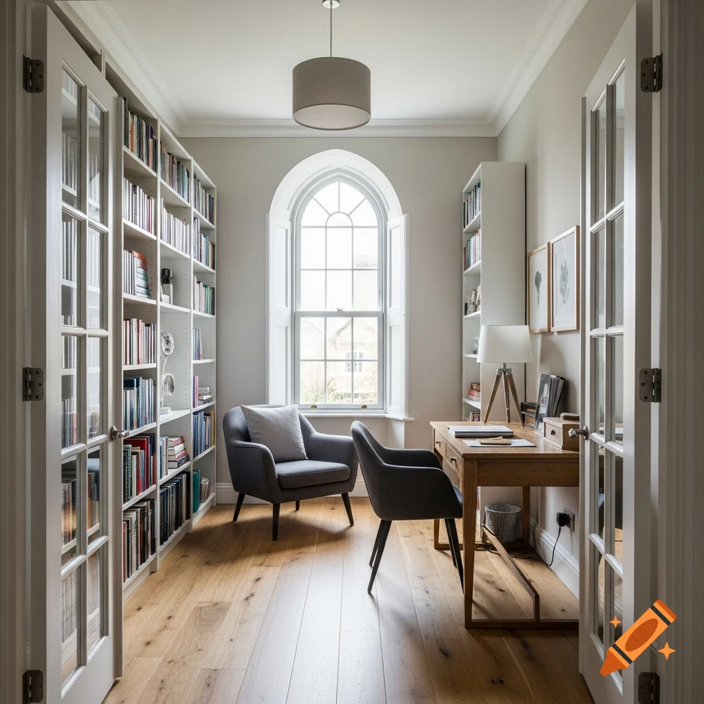 A well-lit home office with bookshelves, an arched window, a desk, and a chair.