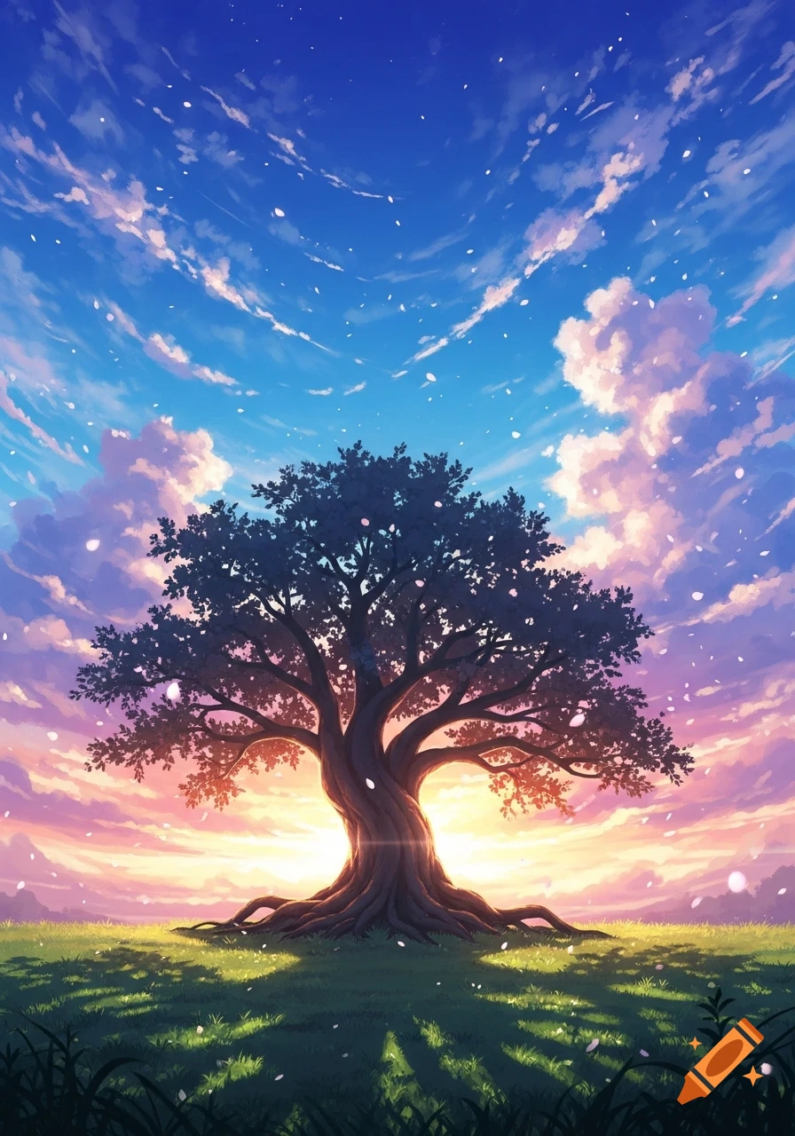 An anime-style illustration of a large, old tree silhouetted against a ...