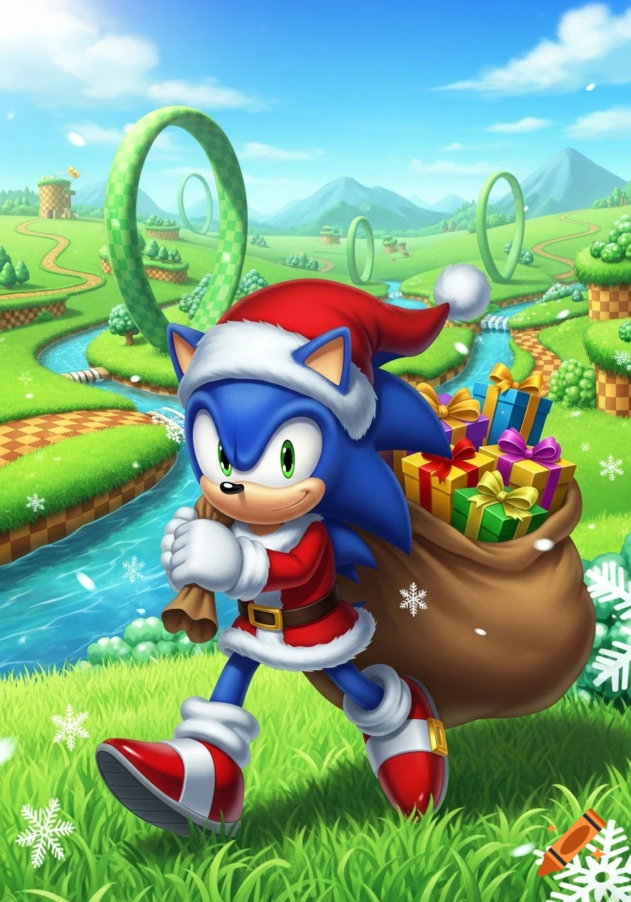 Sonic the Hedgehog, dressed as Santa, walks through Green Hill Zone carrying a sack of Christmas presents.