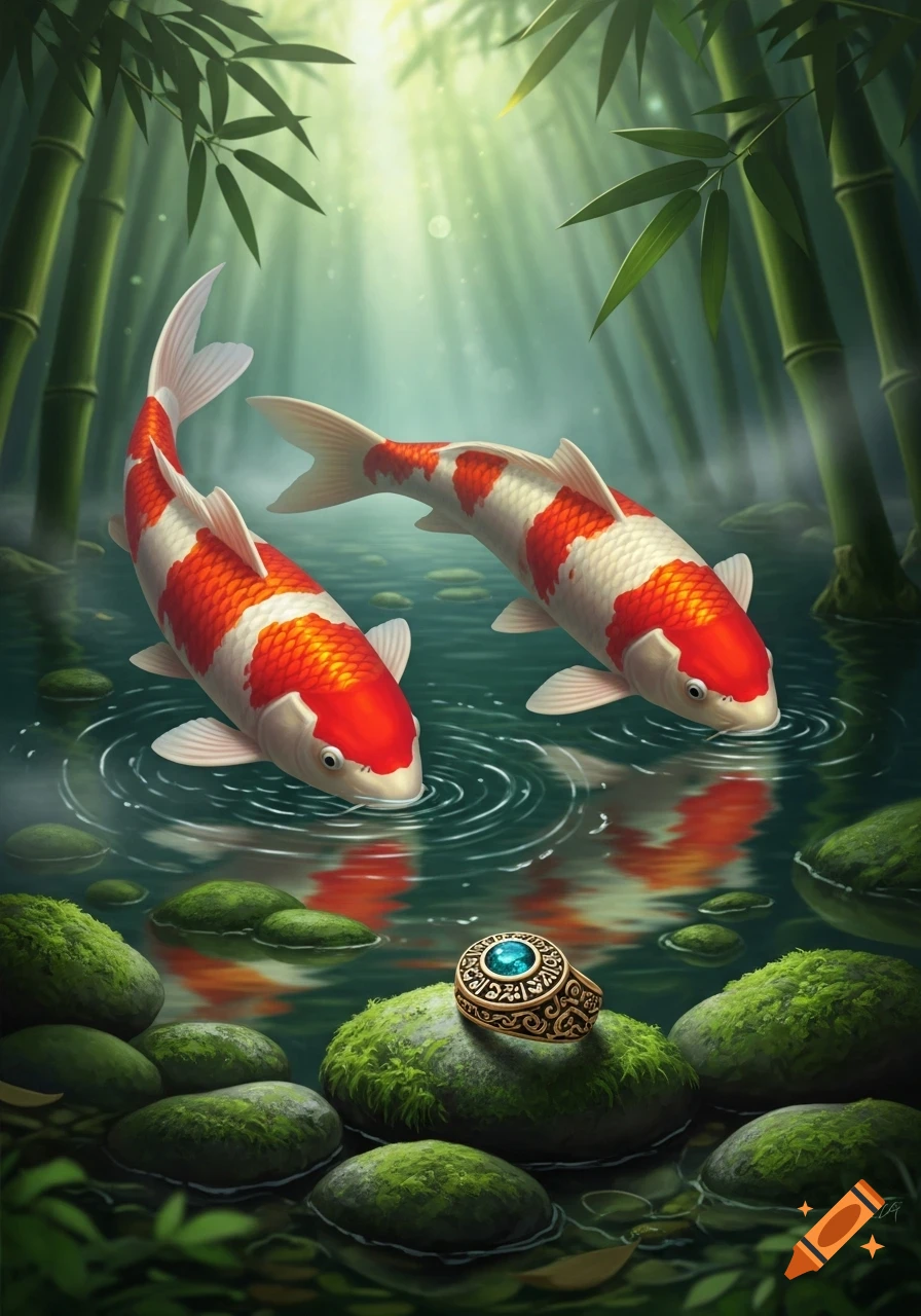Two red and white koi fish swim in a serene pond with bamboo, while a golden ring with a blue gem rests on a mossy rock.