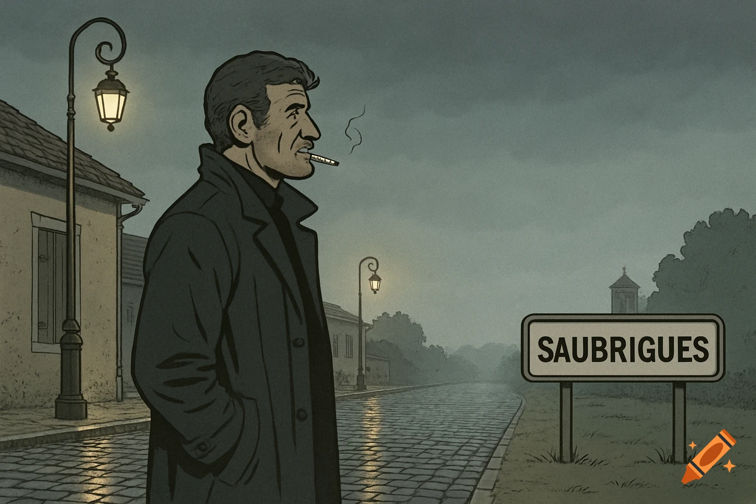 A man in a long coat smoking a cigarette stands by a sign reading "SAUBRIGUES" on a cobblestone road in a gloomy village, in clear line comic art style.