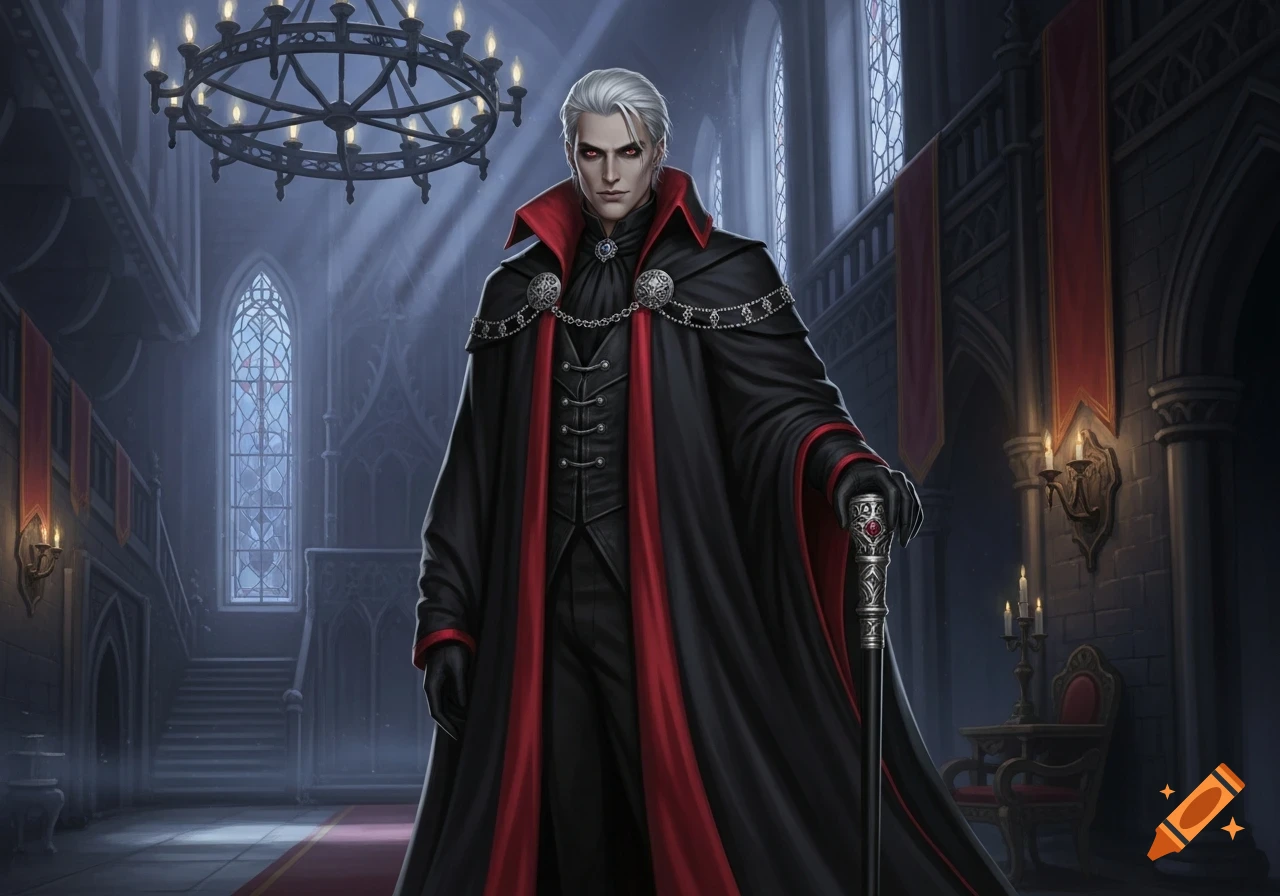 A pale, white-haired man in a black and red cape stands in a gothic hall, holding a cane.