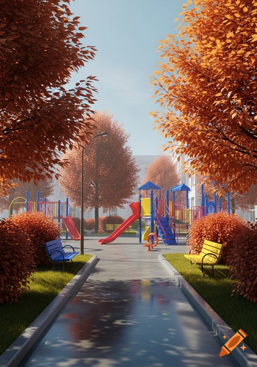 A deserted playground with primary colored equipment, red and orange autumn trees, and a wet paved path under a clear sky.
