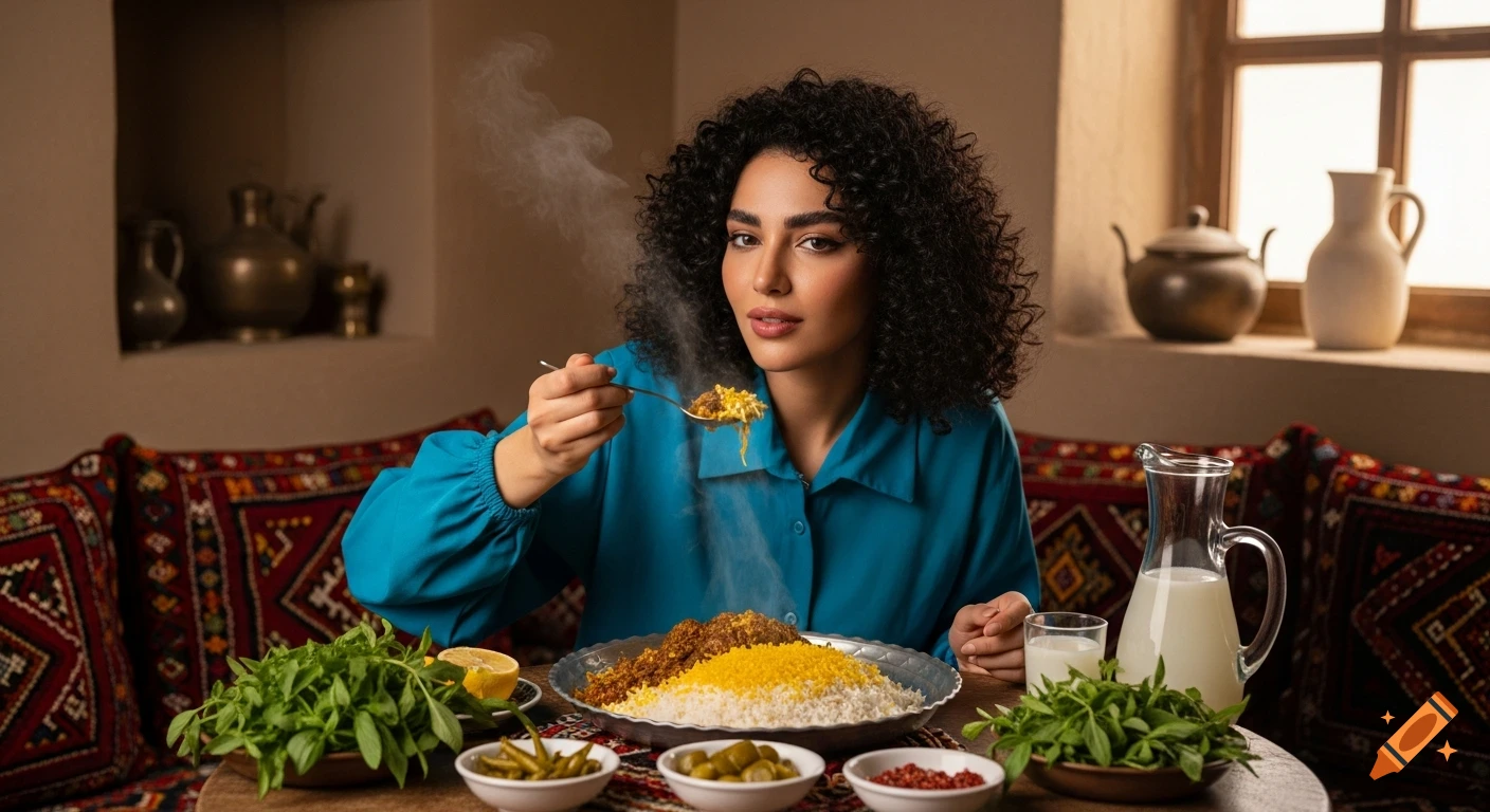 A photorealistic image of an Iranian woman with curly hair eating a steaming traditional meal of Ghormeh Sabzi and rice in a cozy room.