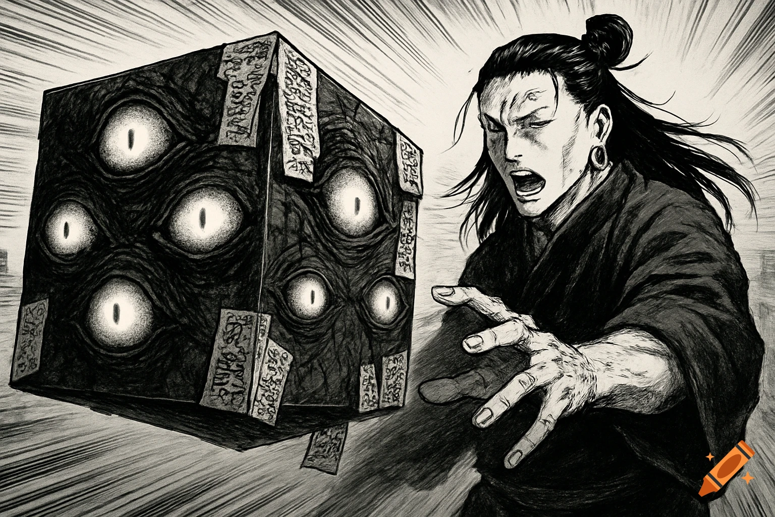 A man with long dark hair and an open mouth reacts to a large, dark, floating cube covered in glowing eyes and talismans, in a manga art style.