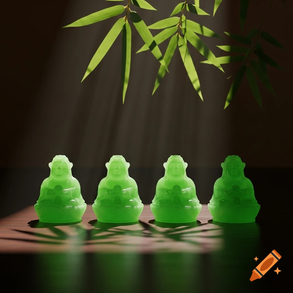 Four luminous green Buddha statues on a dark wooden surface, lit by sunlight filtering through bamboo leaves.