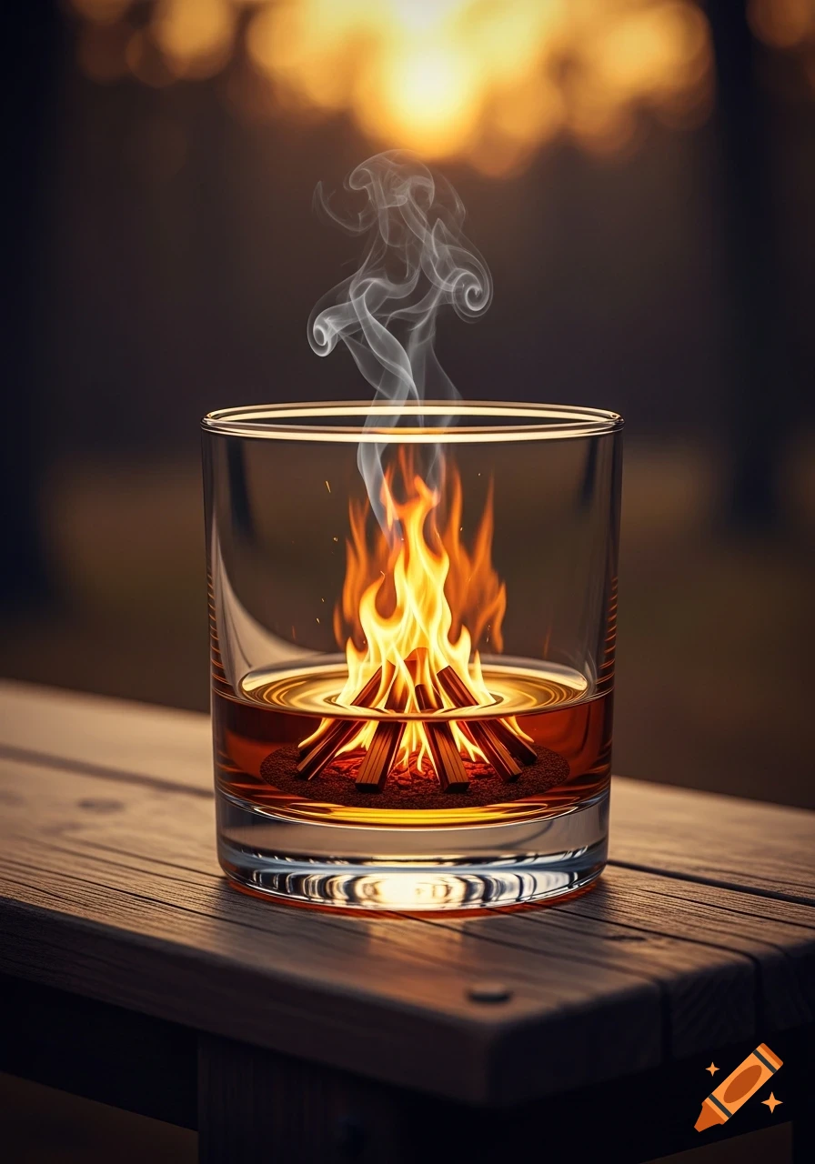Photorealistic whiskey glass with a miniature campfire and smoke on a wooden table, sunset in background.