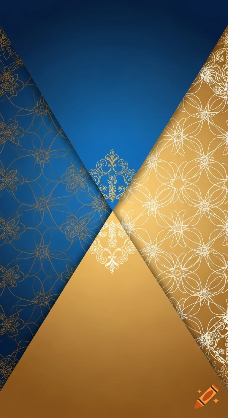 Abstract background with blue and gold sections, some with intricate floral patterns and central filigree designs.