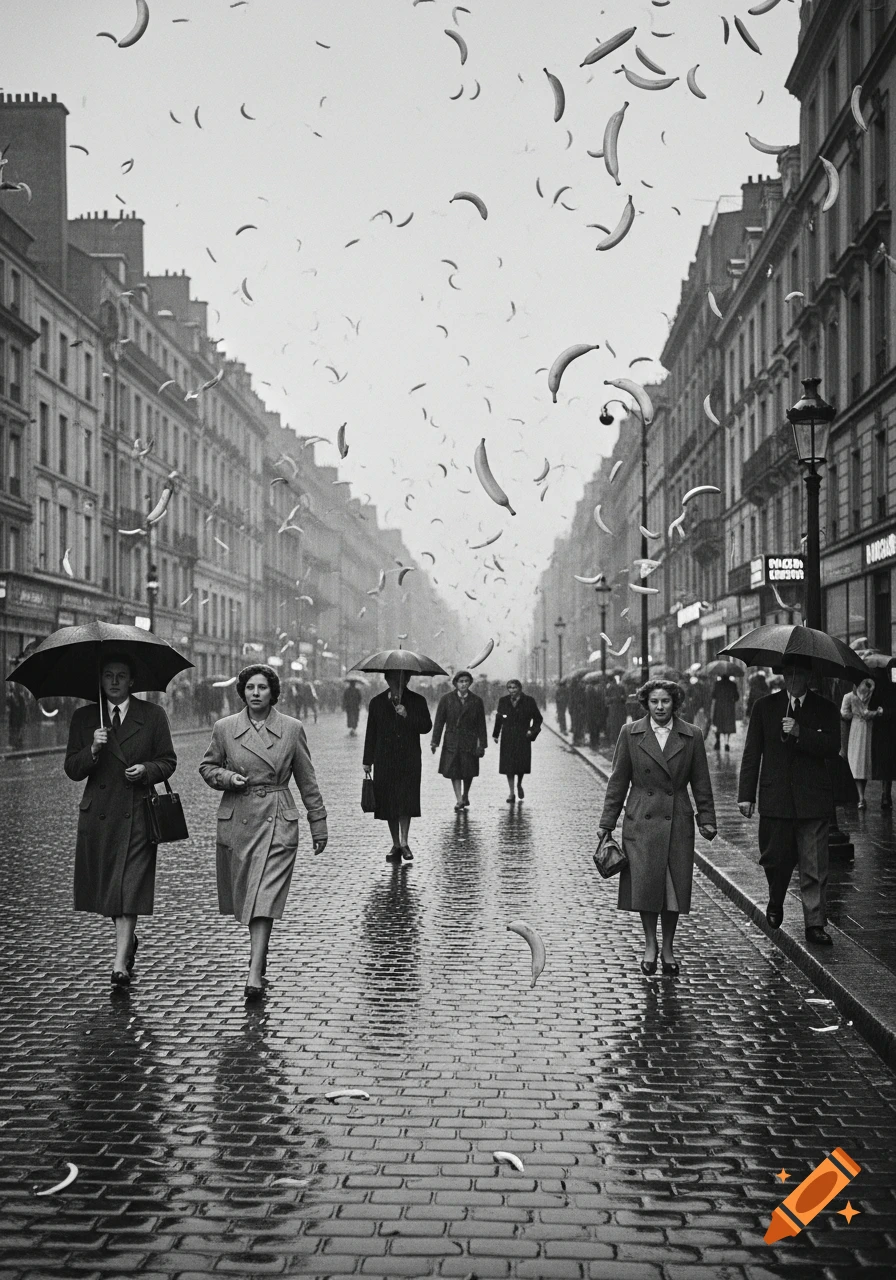 Black and white street photo of people with umbrellas walking on a wet cobblestone street as banana peels fall from the sky.