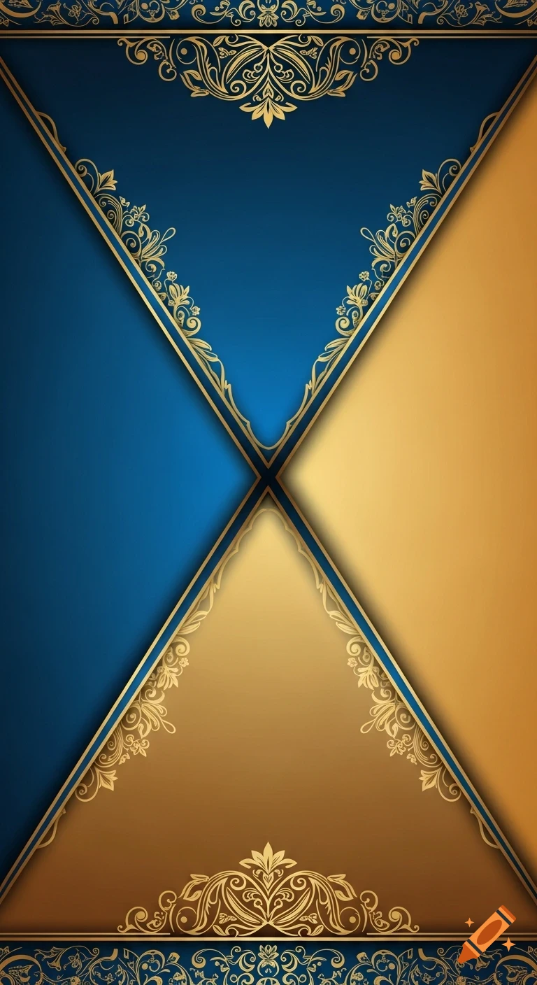 A decorative background split diagonally into royal blue and golden sections, adorned with intricate gold floral and scrollwork patterns.