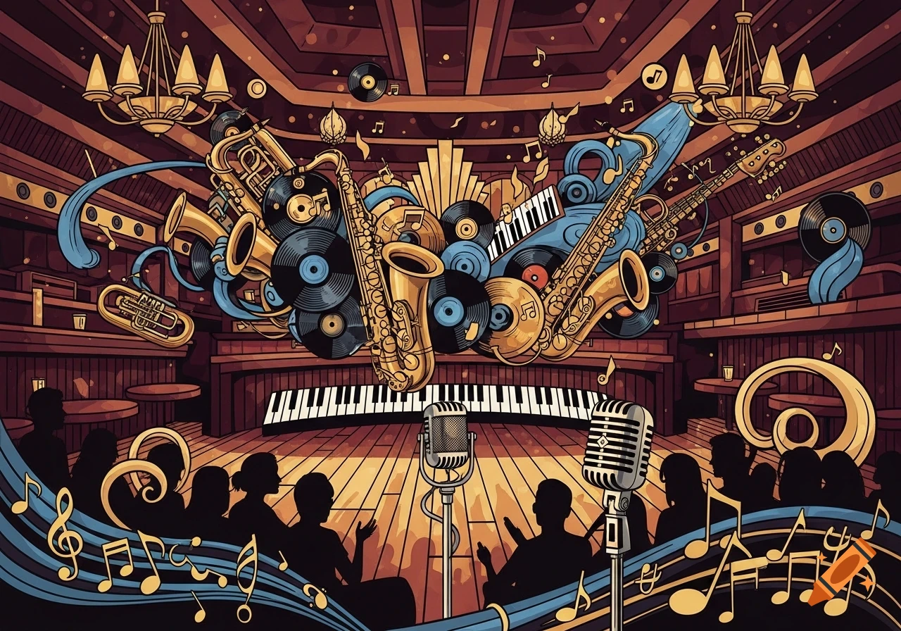 Vibrant illustration of a jazz club with golden instruments, records, and musical notes above a stage with microphones and an audience.