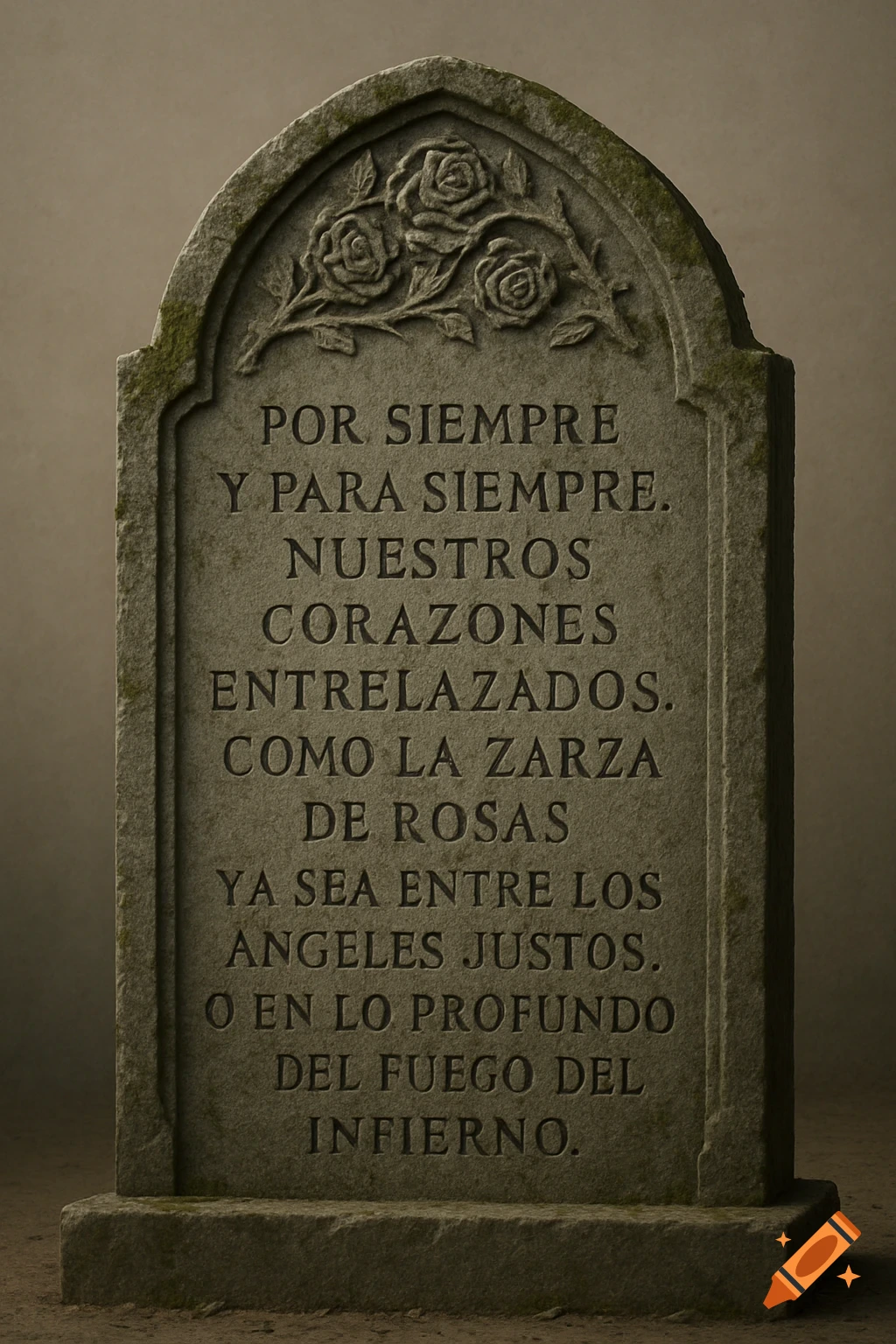 An old, moss-covered gravestone with carved roses at the top and a Spanish inscription in the center.