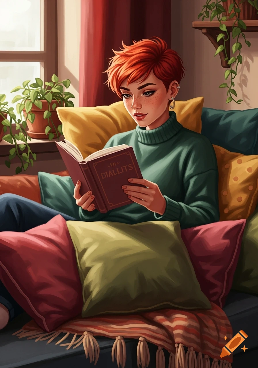 An illustrated woman with a red pixie cut and freckles reads a book on a couch surrounded by colorful pillows.