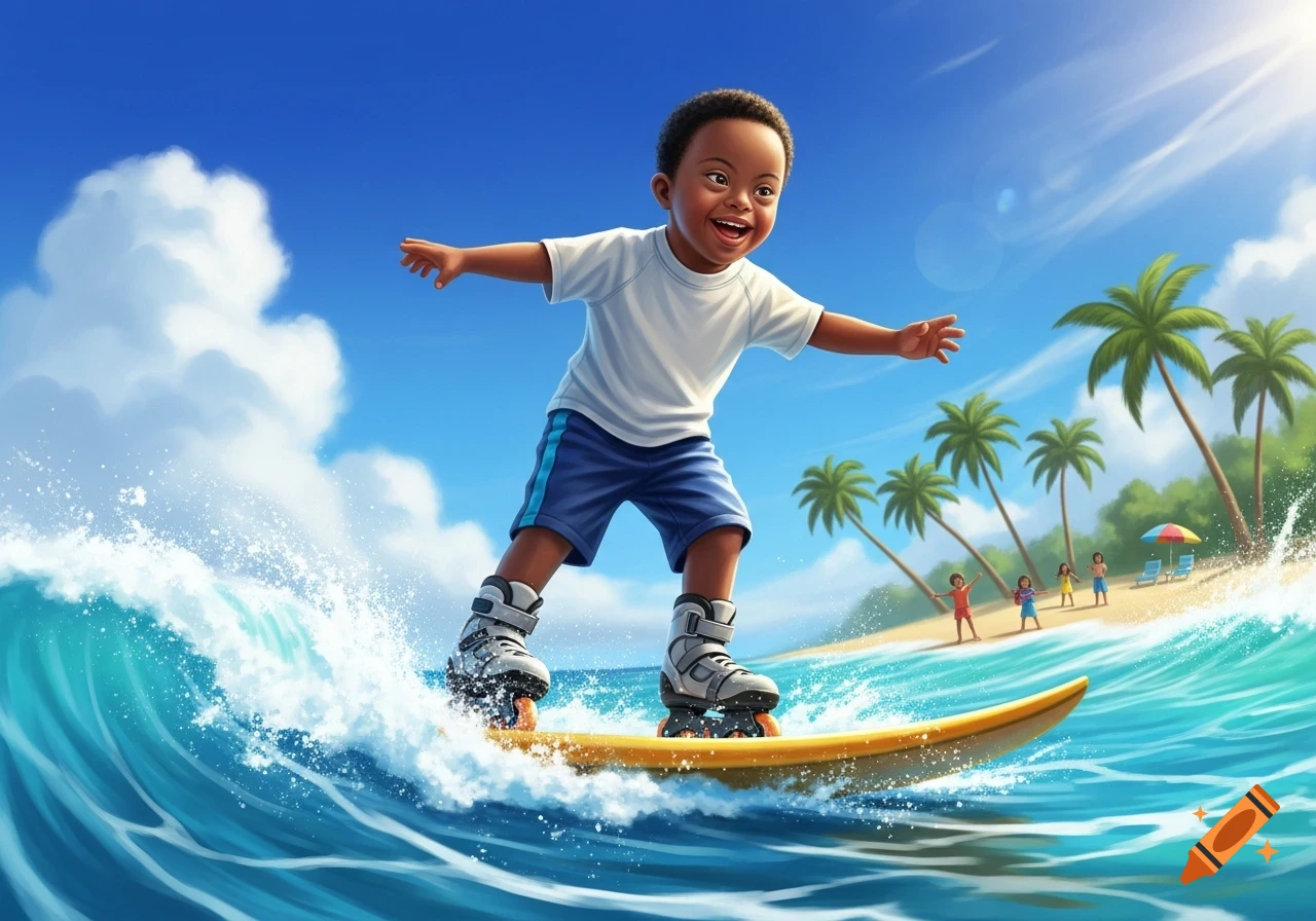 A joyful Black child with Down syndrome wears rollerblades while standing on a surfboard, riding a wave near a tropical beach. Digital art.