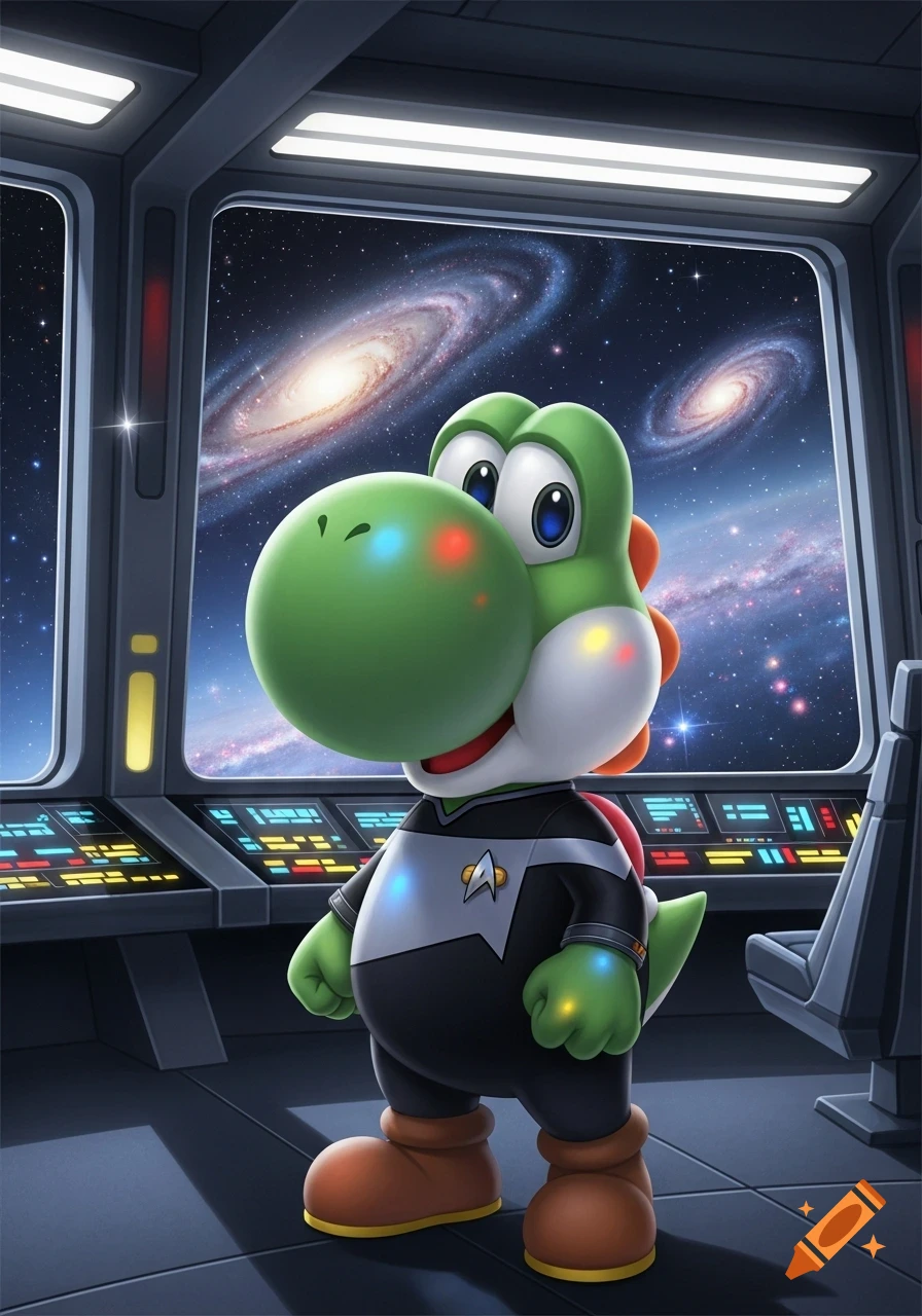 Yoshi, dressed in a black Starfleet uniform, stands on a spaceship bridge looking out at vibrant galaxies in deep space.