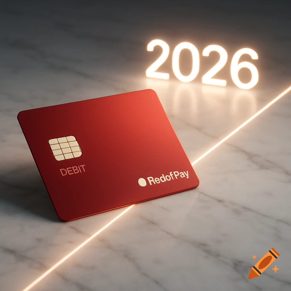 A red debit card with a chip and 'DEBIT' text on a marble surface, with glowing '2026' and a light path in the background.