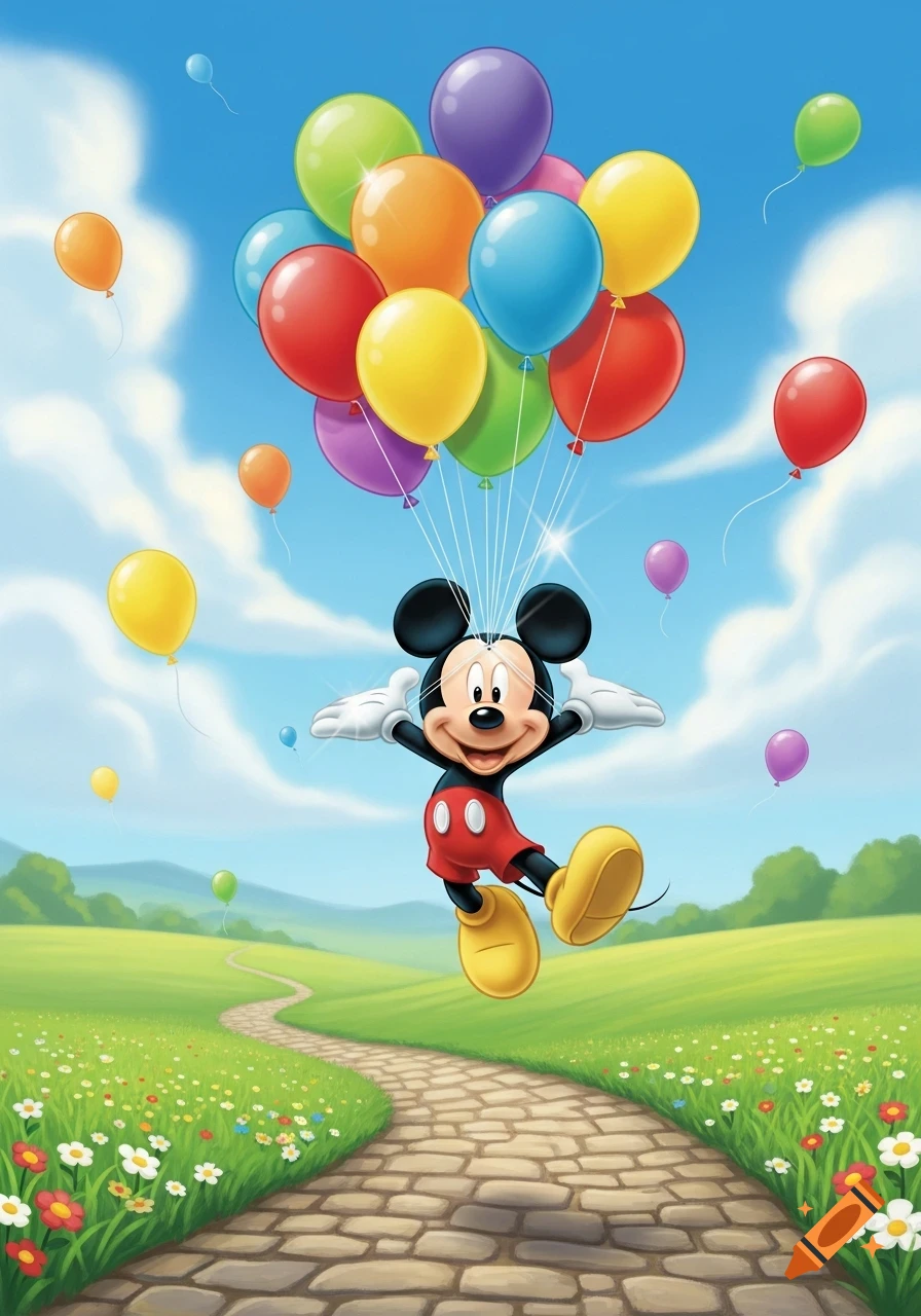 Mickey Mouse floats above a path in a field of flowers, holding a large bunch of colorful balloons under a blue sky.