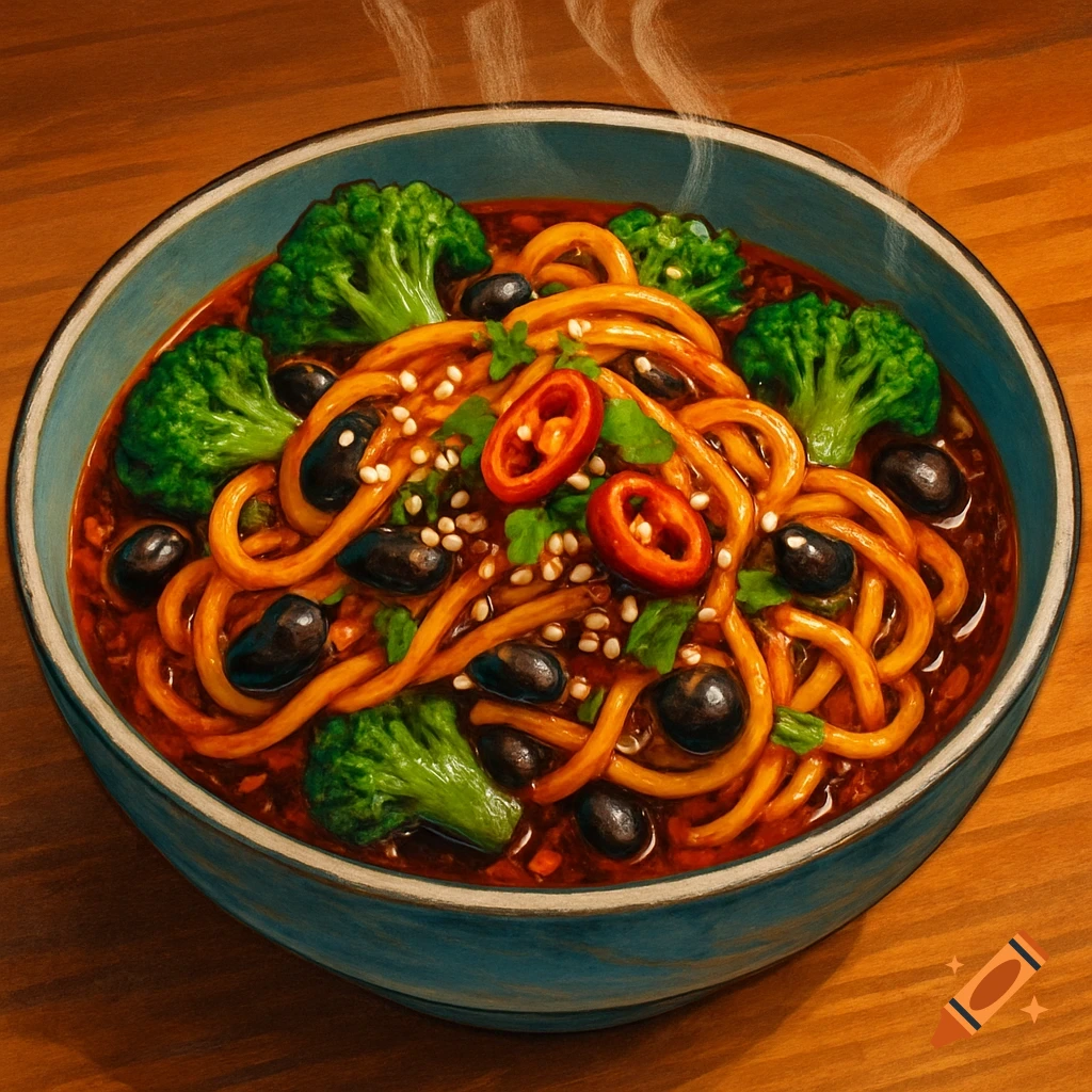 A vibrant, steaming bowl of noodles with broccoli florets, black olives, red chili slices, and sesame seeds in a rich sauce, depicted in a painterly style.