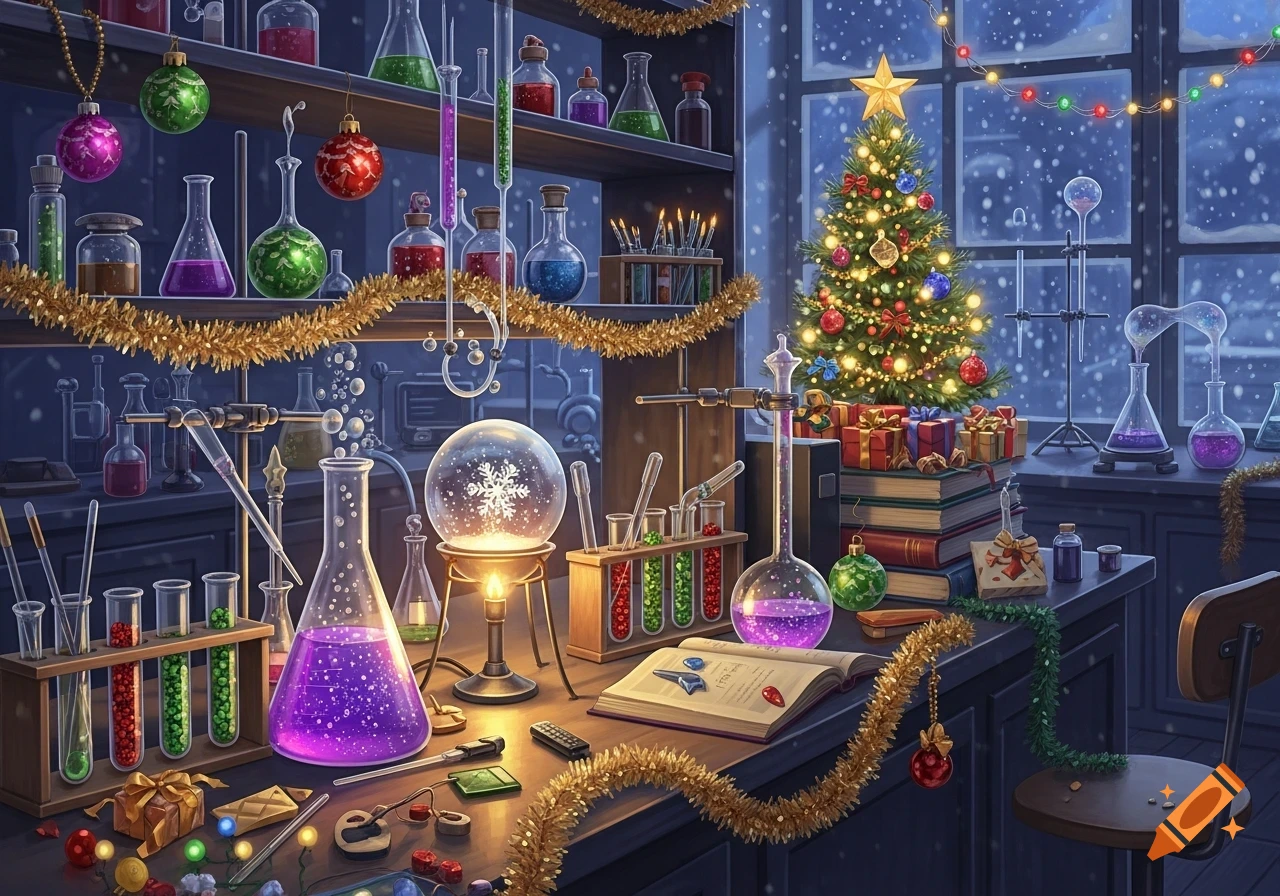 A festive chemistry lab decorated for Christmas with glowing beakers, ornaments, and a lit Christmas tree in a snowy window.