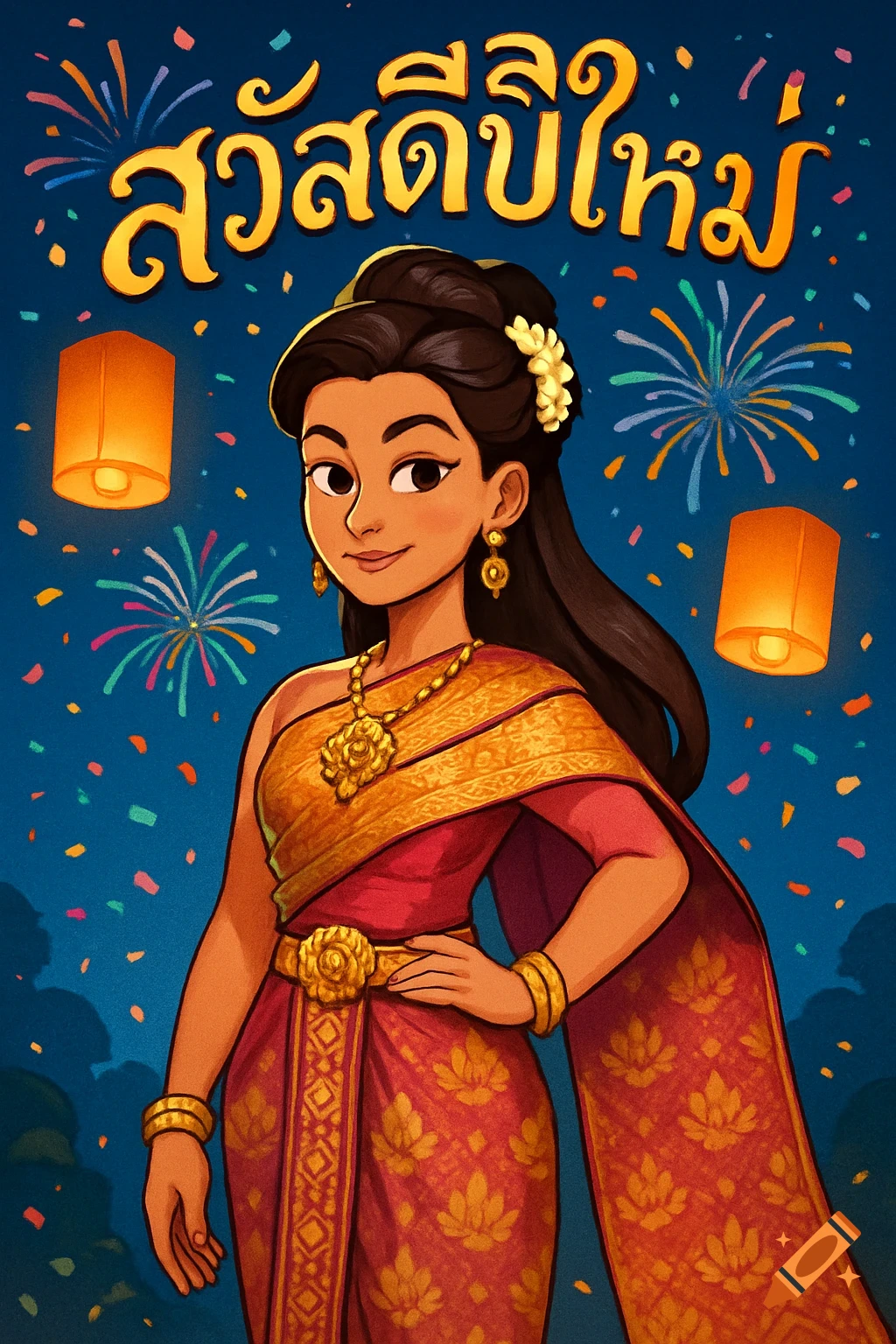 Cartoon Thai woman in traditional red and gold dress, with 'Happy New Year' in Thai script, lanterns, and fireworks against a blue sky.