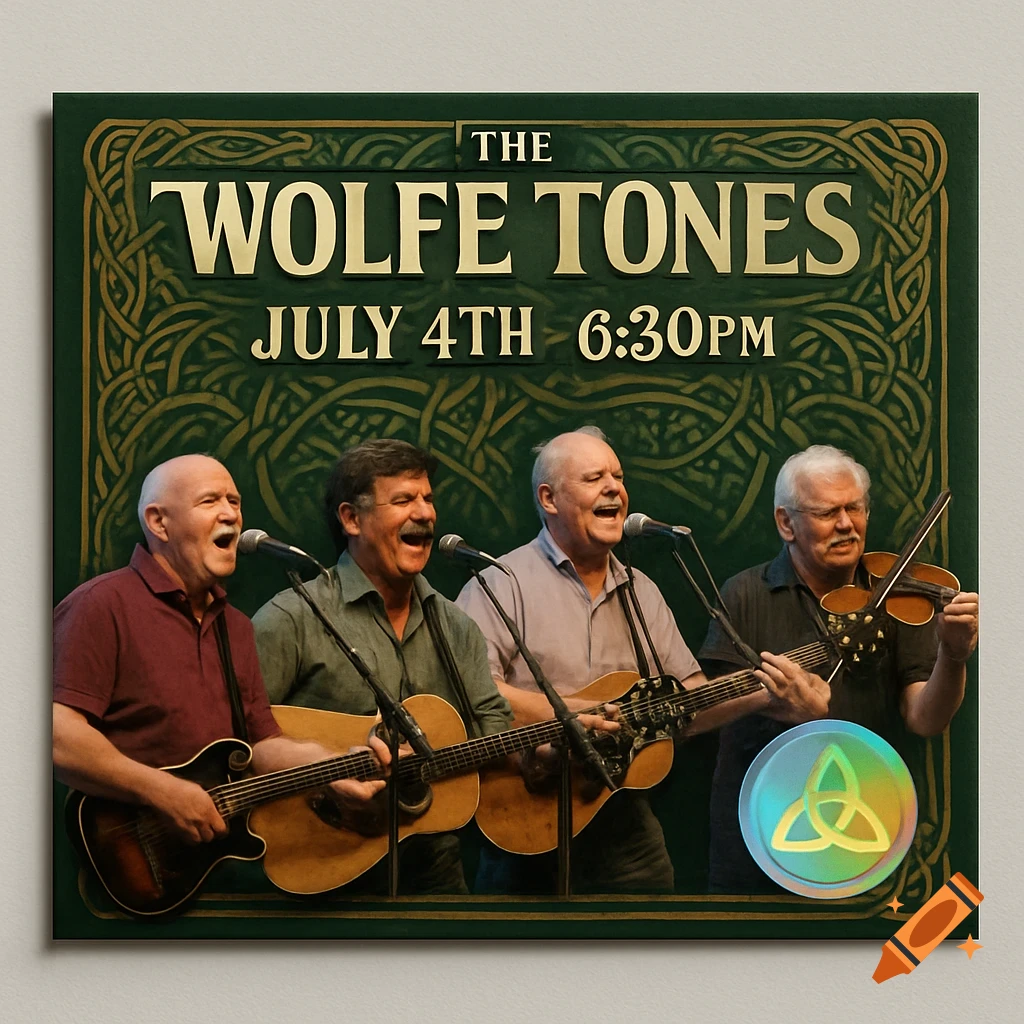 A concert poster for The Wolfe Tones featuring four older men playing guitars and a fiddle, with Celtic knotwork borders.