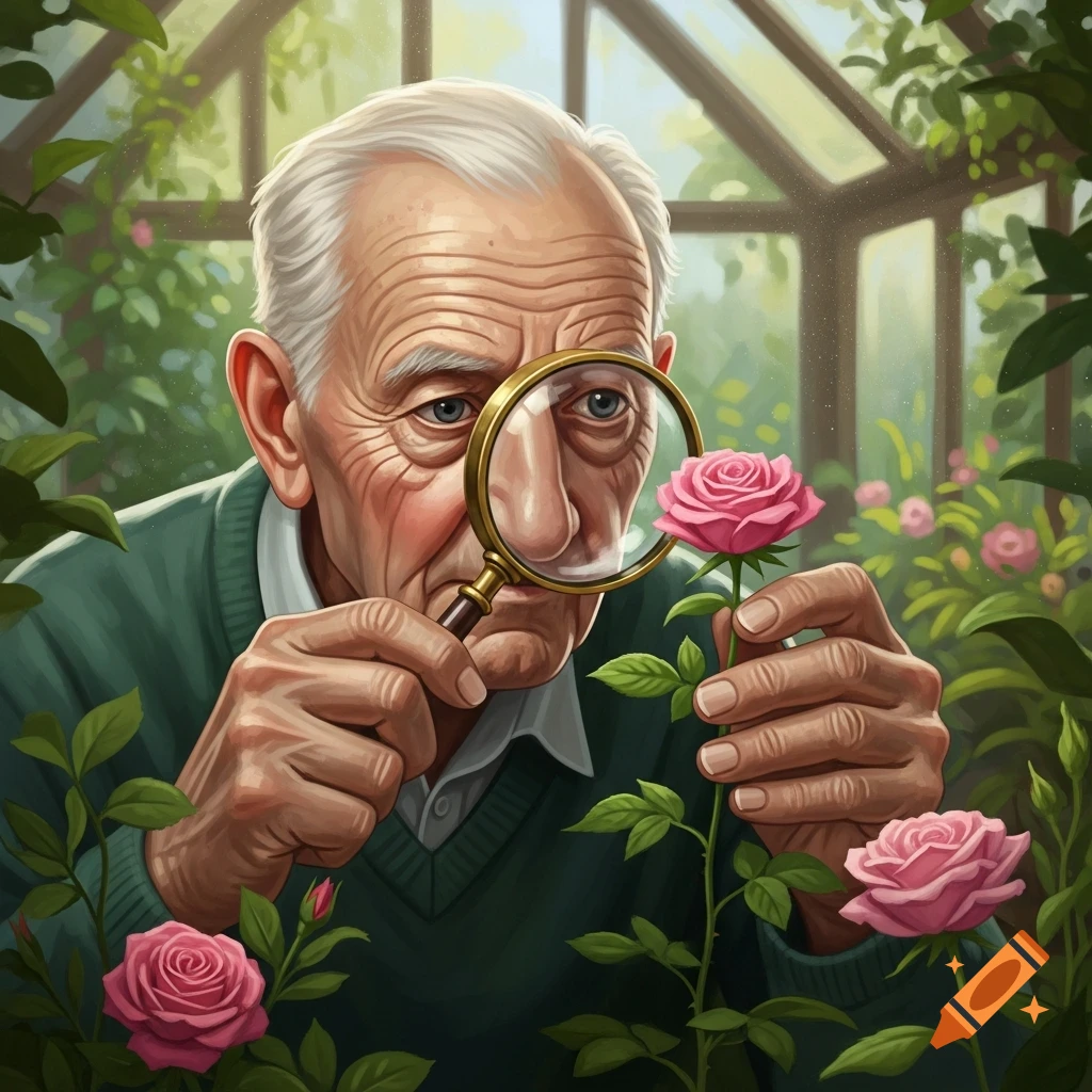 An old man in a greenhouse examines a pink rose through a magnifying glass.