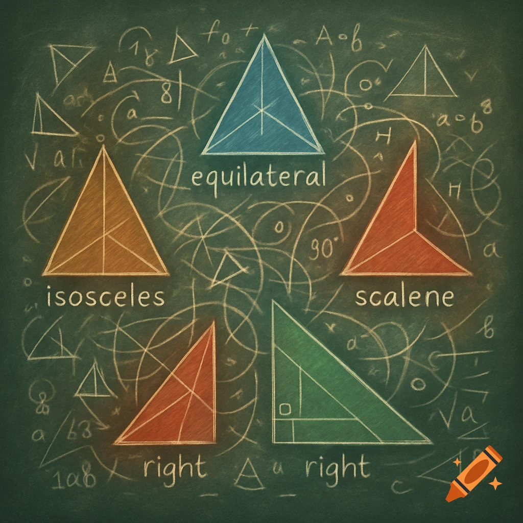 A chalkboard with five colored triangles labeled 'equilateral', 'isosceles', 'scalene', and two 'right' triangles, surrounded by mathematical formulas.