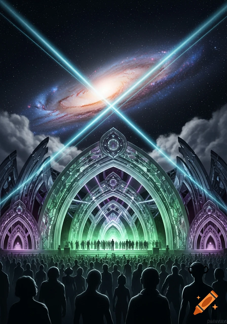 A vibrant, futuristic alien stage with a large audience under a starry ...