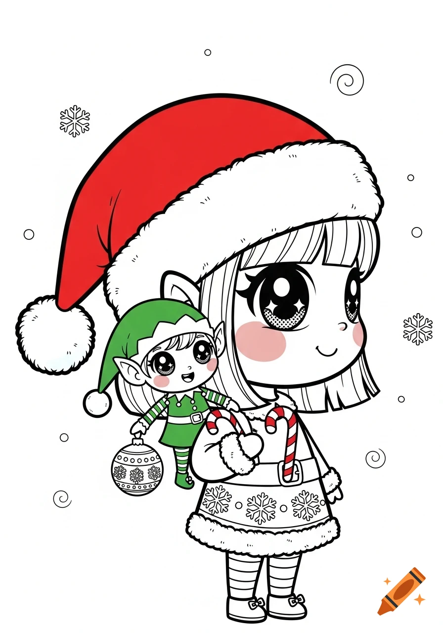Chibi girl in Santa hat with an elf on her shoulder, holding a candy cane, in a coloring book style.