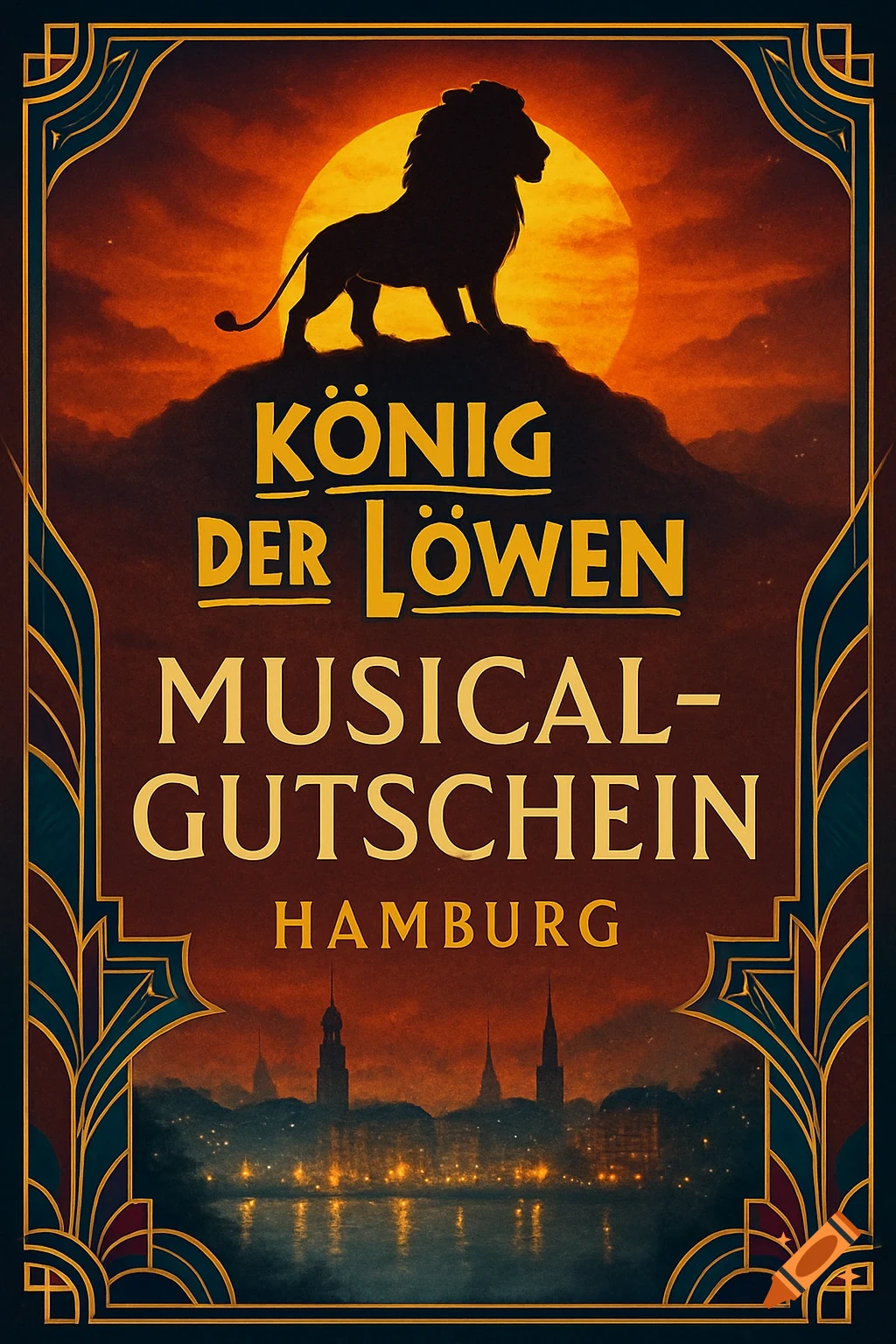 An Art Deco style poster for 'König der Löwen Musical Gutschein Hamburg', featuring a lion silhouette against a sunset and a city skyline.