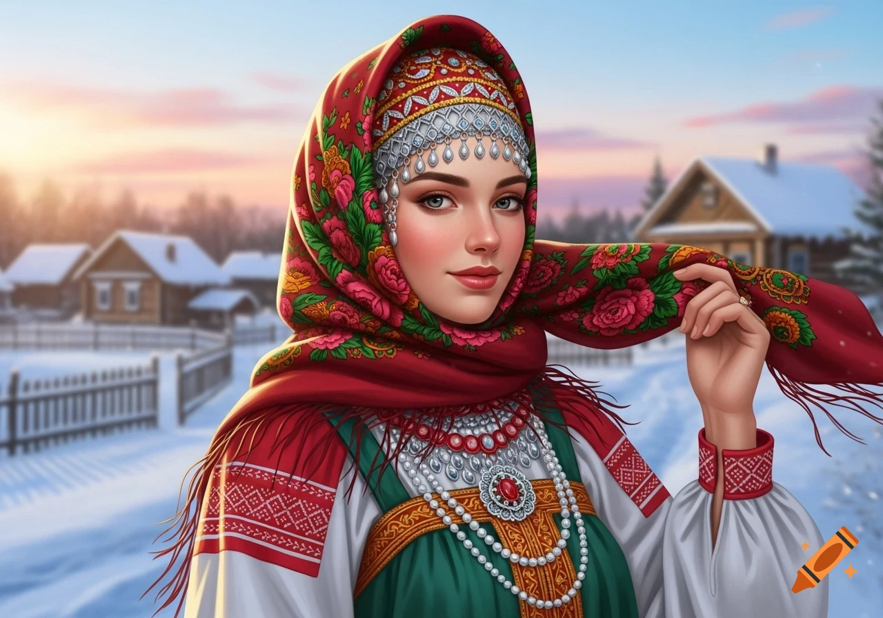 A beautiful woman in traditional Russian attire, including a red floral headscarf and ornate jewelry, stands in a snowy village at sunset.