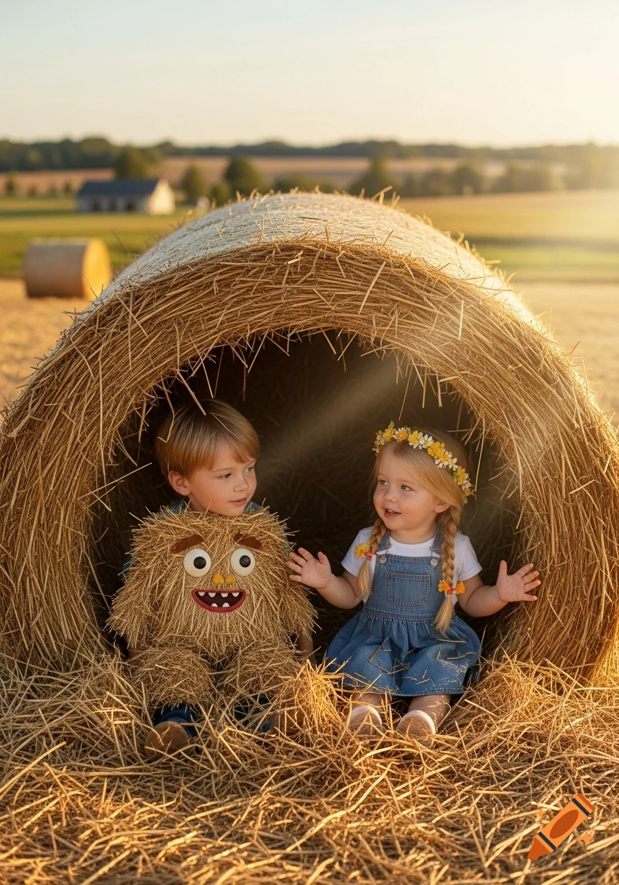 Two young children, one in a hay monster costume, sit inside a large hay bale in a sunny field.